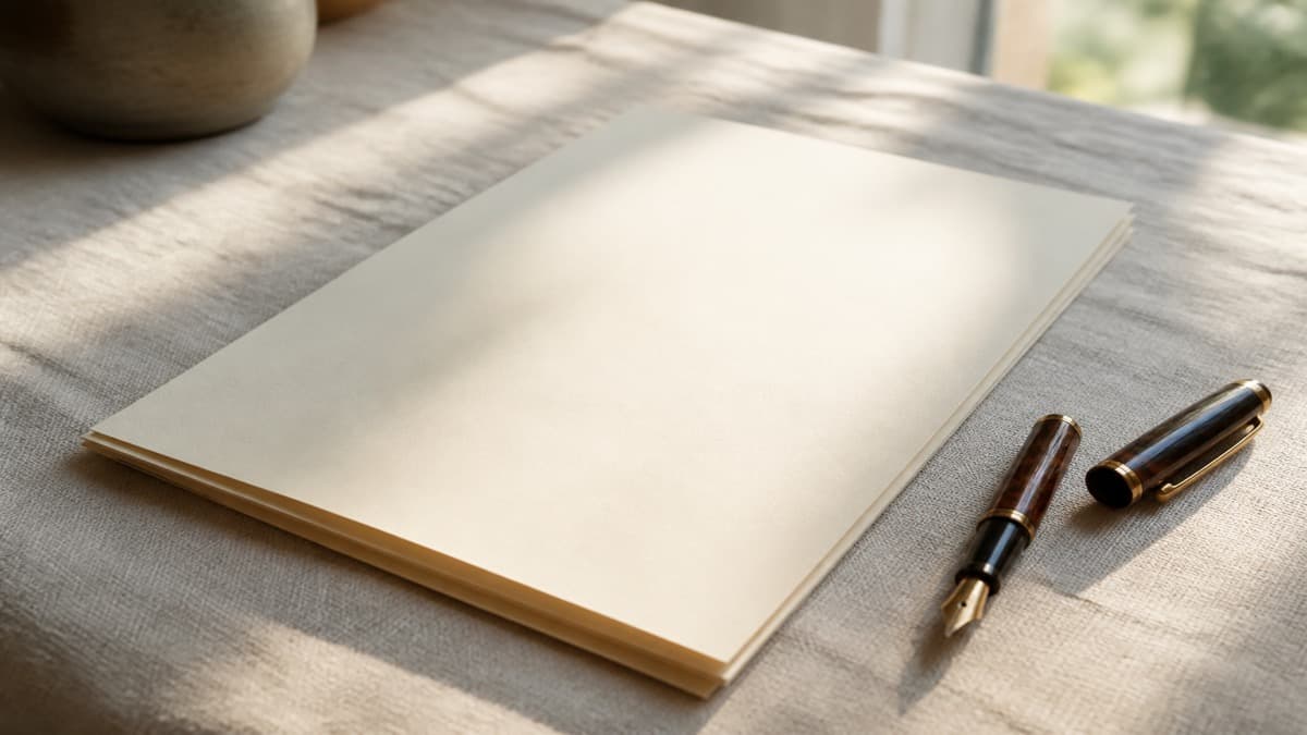 Person signing a printed letter at a kitchen island beside a laptop and a half-finished mug of coffee