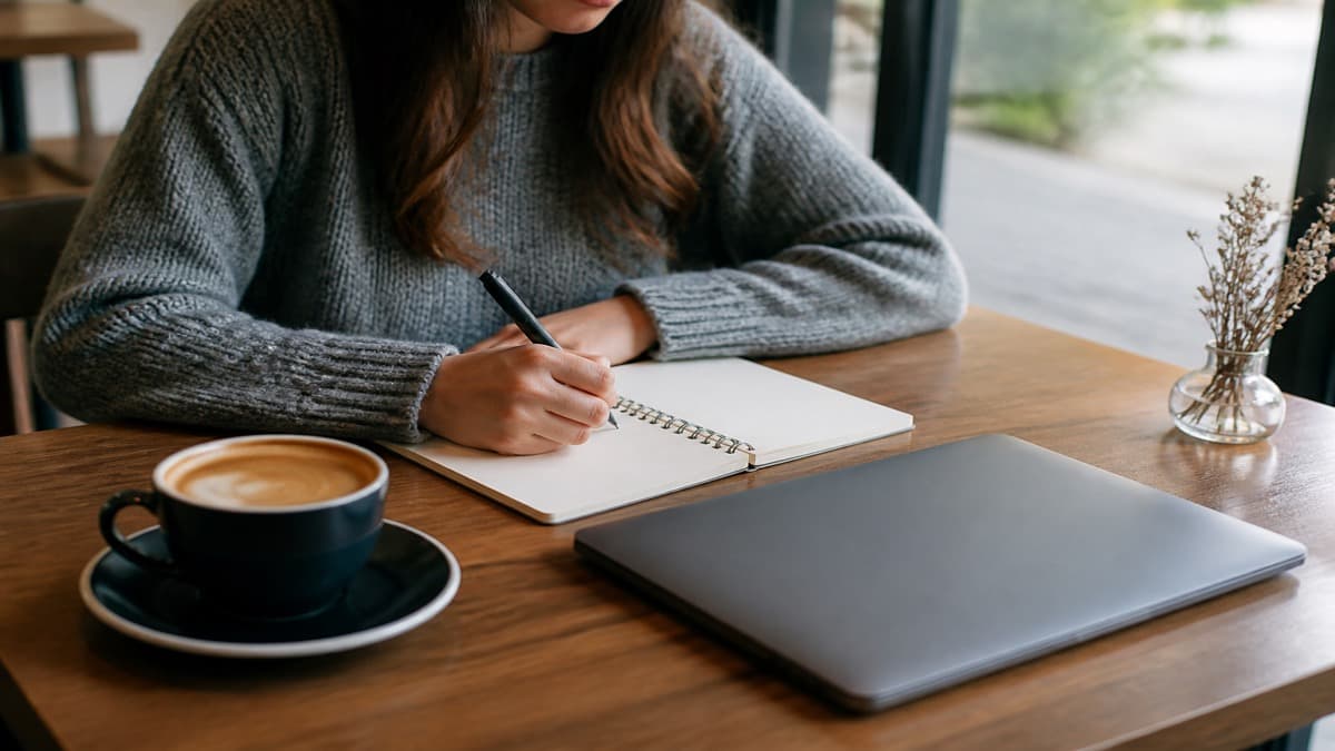 Hands editing a short professional summary at the top of a printed resume beside a laptop