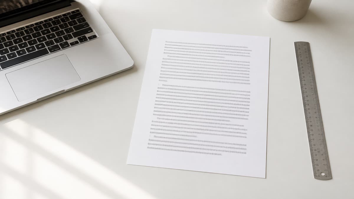 Printed single-column resume on an oak desk beside a metal ruler, coffee cup, and laptop, window light from the left