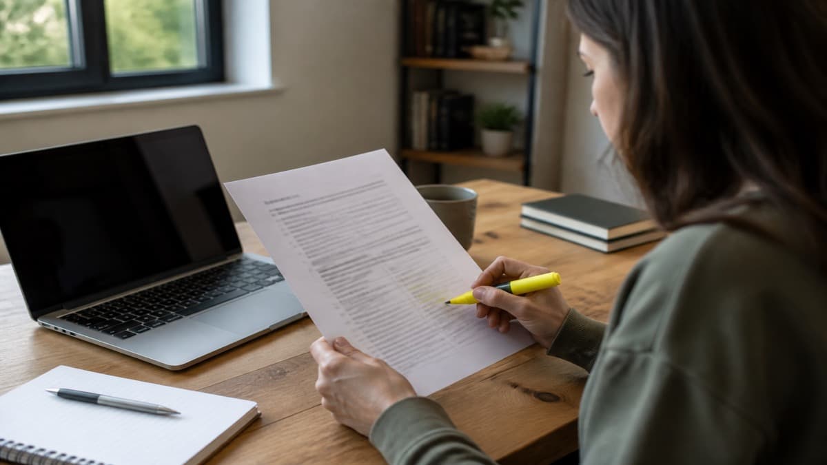 Close-up of a resume header with a four-line summary being edited in pencil beside a laptop