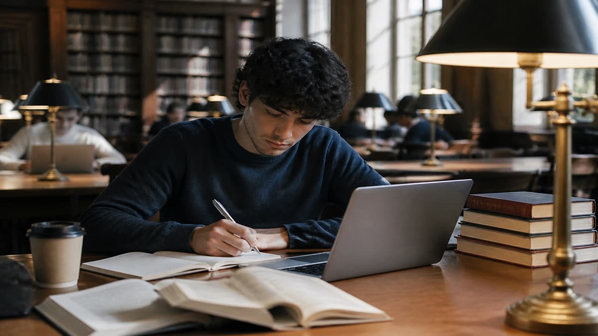 Biology textbook, lab notebook, and a laptop showing a one-page student resume on a dorm desk