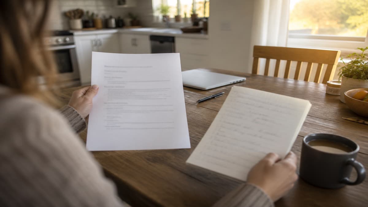 Highlighted printed job ad beside a resume and a red pen on a kitchen table under a warm lamp