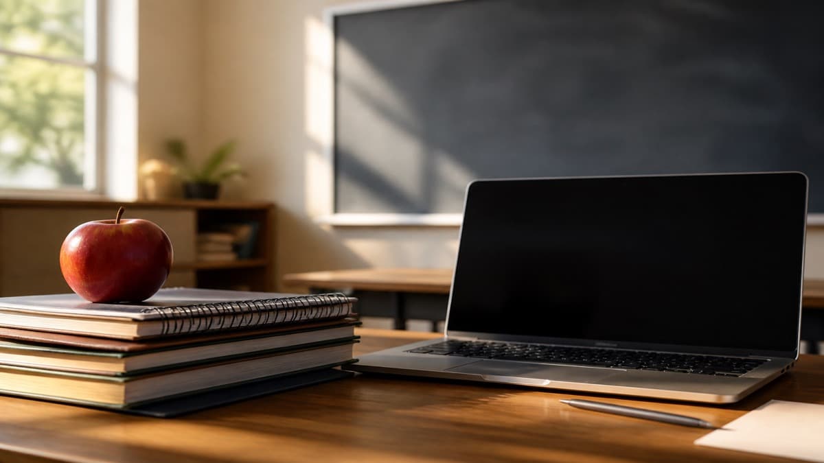 Teacher annotating a printed resume at a classroom desk beside lesson plans and a laptop